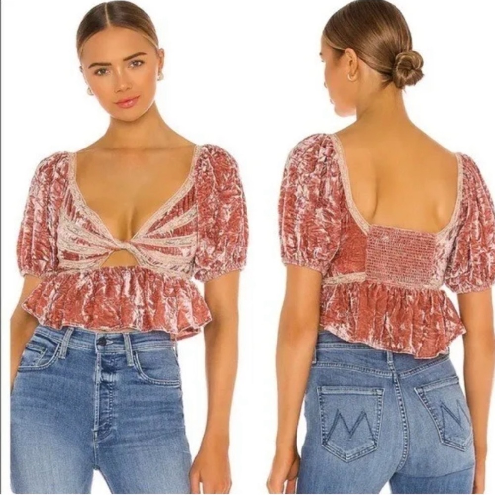 Free People Yours Truly Crushed Velvet Peplum Puff Sleeve Cropped Top NEW